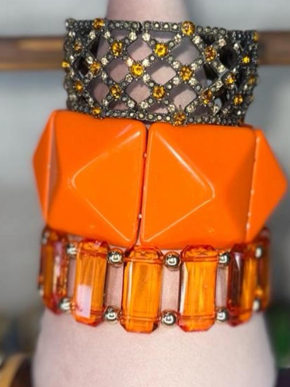 Orange Statement Stretch Bracelet Set - Bold Geometric and Faceted Styles
